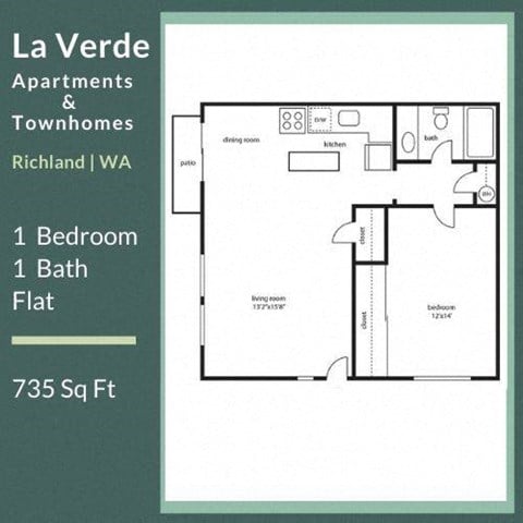 Floor plan for 1 bed, 1 bath, 735 sqft
